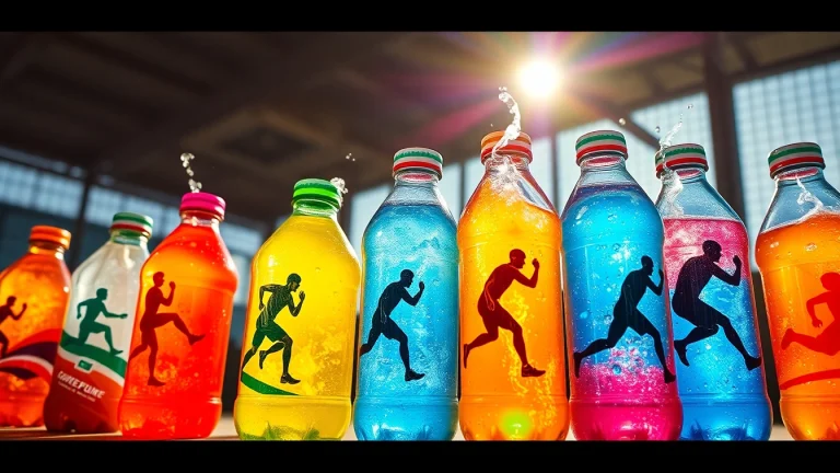 Refreshing sportsdrink lineup with colorful bottles in a dynamic athletic setting.