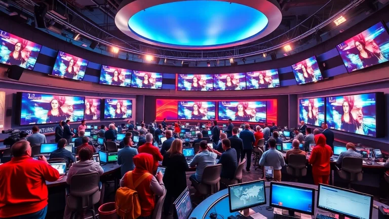 News reporters actively covering the latest stories in a vibrant news room filled with screens.