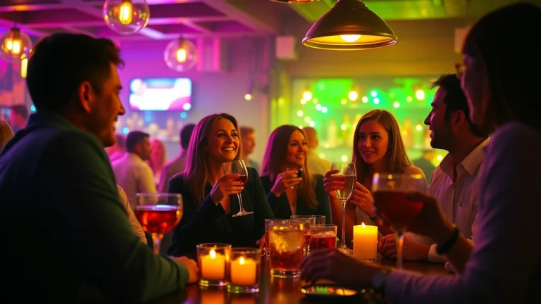 Attendees enjoying an After Work Party with drinks and laughter in a cozy bar environment.