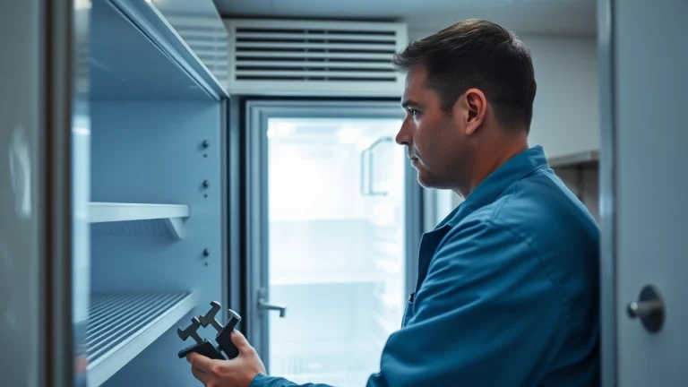 Technician performing walk in freezer repair in a commercial kitchen setting.