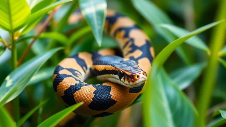 Admire this gorgeous Volta ball python for sale​ with striking patterns in a lush environment.