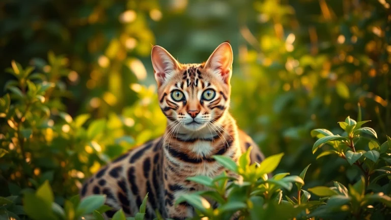 Registered Bengal Breeder showcasing a stunning Bengal cat in a vibrant garden setting.