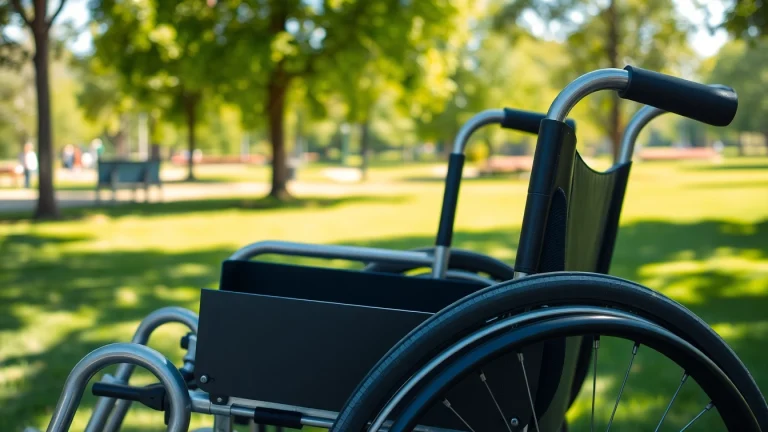 Manual wheelchair designed for comfort and accessibility, parked under a tree in a bright park setting.