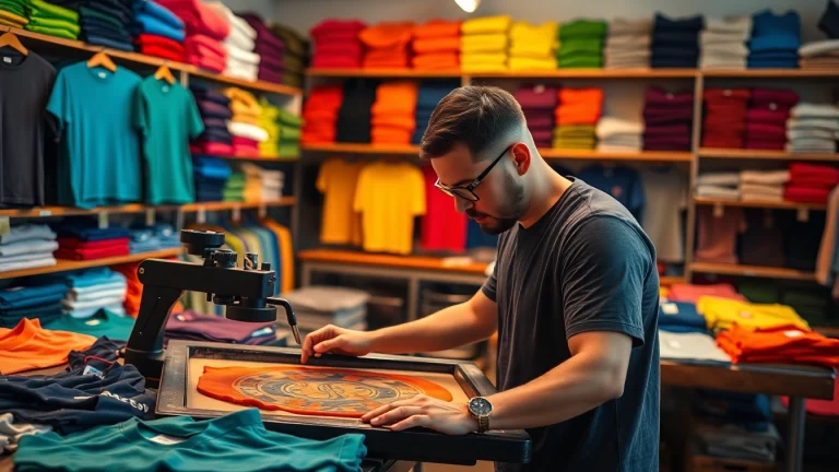 Customize t shirt printing edmonton with vibrant colors and a skilled artisan working in a printing shop.