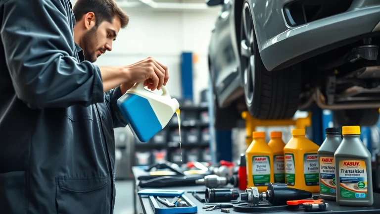 Mechanic pouring automatic transmission fluid into a vehicle in a bright garage setting.