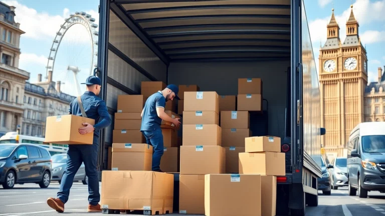 Efficient moving services London team loading boxes into a truck in busy city settings.