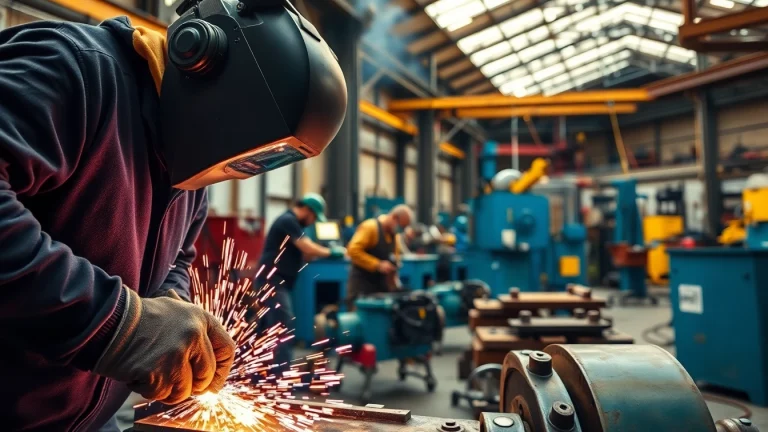 Workers engaging in industrial fabrication edmonton, highlights skilled craftsmanship and precision in a busy workshop environment.