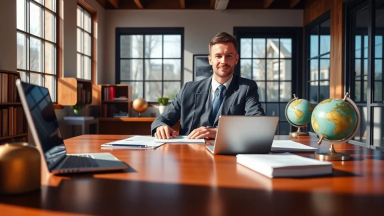 Abogada de inmigracion consulting in a professional office, with documents and laptop.