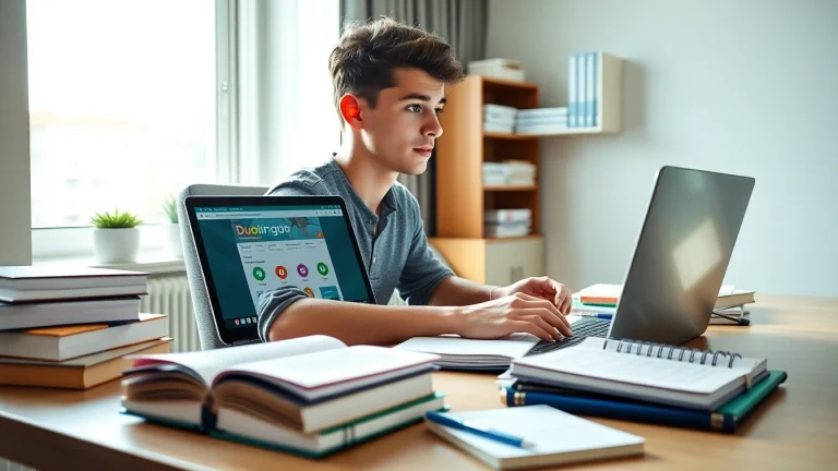 Engage in Duolingo English test practice with a focused student in a bright study setting.
