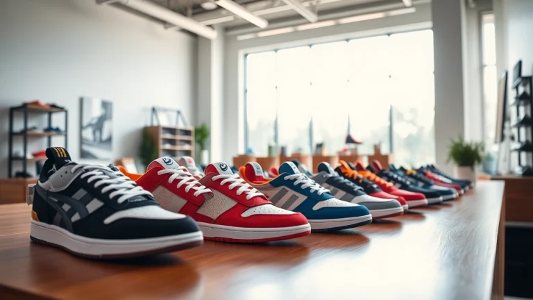 Showcase of high quality rep sneakers emphasizing design features in a bright showroom.