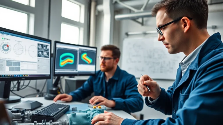 Engineers analyzing data in a pipe stress Analysis Company, showcasing high-tech laboratory equipment.