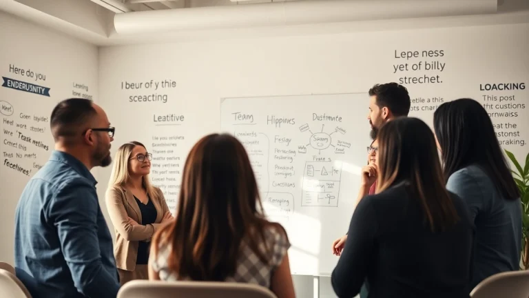 Engaged team discussing business coaching service strategies in a vibrant office environment.