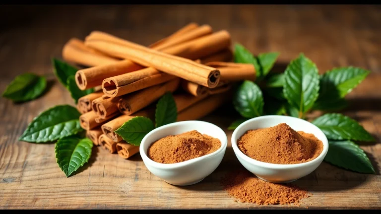 Cinnamon Bark bundle resting next to ground cinnamon in a white bowl, showcasing its rich textures.
