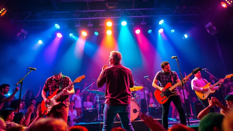 Experience a vibrant music Performance with an engaging band on stage, captivating the audience.