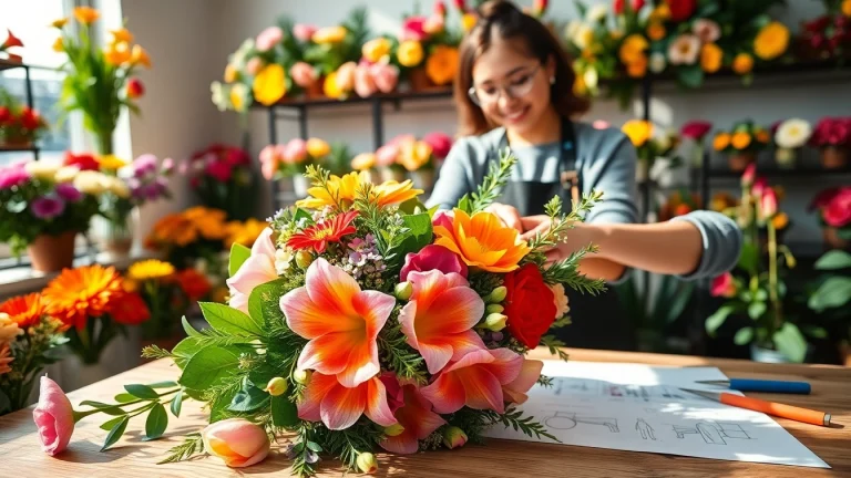 Carefully arranged bouquet by an Irvine florist in a vibrant studio.