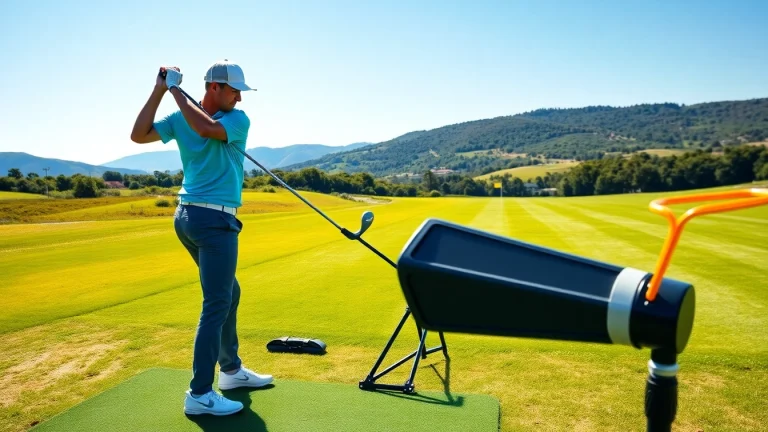 Enhance your golf swing with a focused practice using a golf swing training aid on the driving range.
