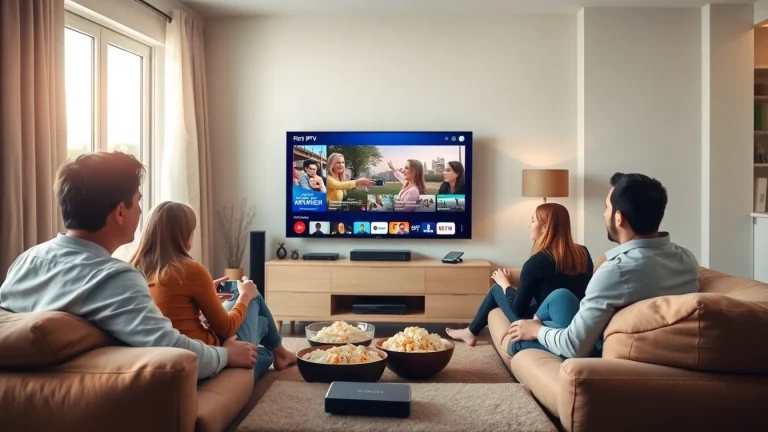 Engaging 24h iptv test experience with a family watching IPTV channels in a cozy living room.