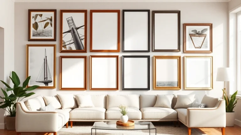 Display beautiful large frames in an elegant living room setting to inspire home decoration.