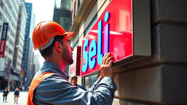 Watch an expert sign installation in action as a technician skillfully mounts a vibrant storefront sign.
