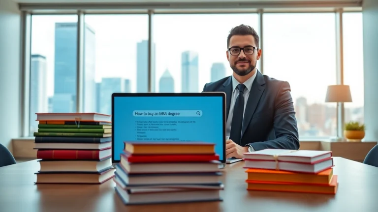 Learn how to buy MBA degree in a professional office with books and a laptop.