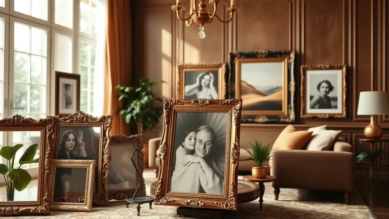 Admire ornate picture frames in a luxurious living room setting, showcasing intricate designs.