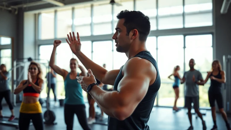 Engaging personal trainer Downtown Jersey City assisting diverse clients in a vibrant gym.