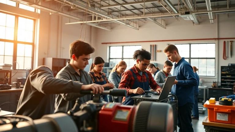Students at a trade school Knoxville TN engaging with equipment in a bright classroom environment.