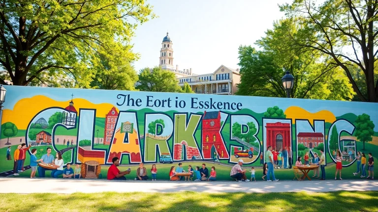Clarksburg's vibrant community mural showcasing local landmarks and joyful activities.