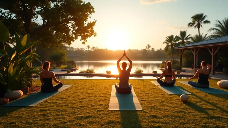 Experience a rejuvenating wellness retreat in Florida with serene yoga sessions by a tranquil lake.