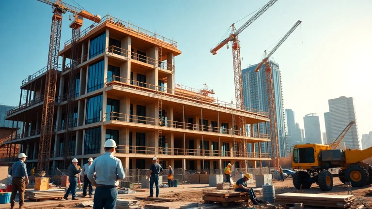Construction workers collaborate at an Austin construction site, showcasing development and teamwork.