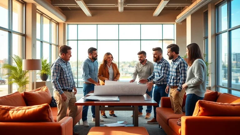 Engaged professionals from the southern california contractors association discussing plans in a bright office environment.