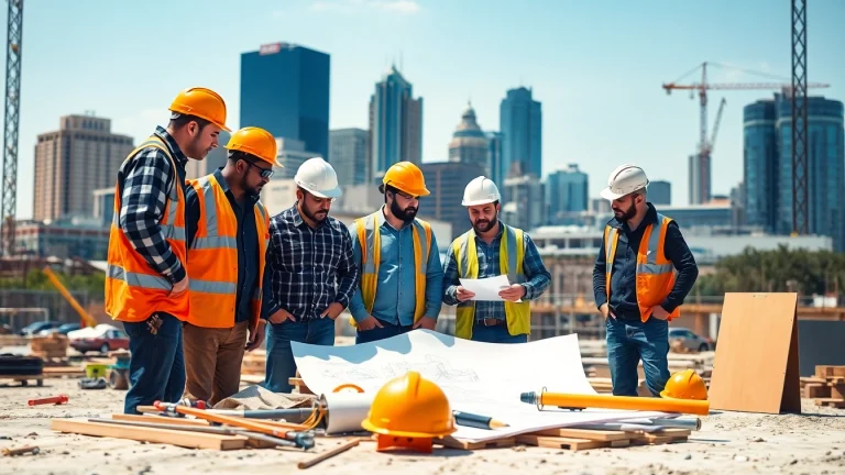 Team working on austin construction project, discussing blueprints and tools on site.