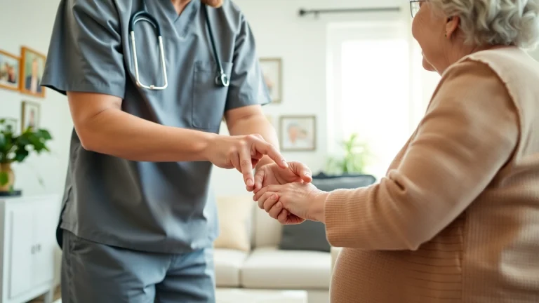 Providing compassionate austin senior home care, a caregiver gently holds a senior's hand in a warm living room.