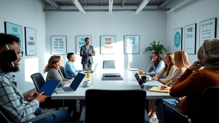 Engaged clients in a business coaching service workshop with professional coach in a modern office.