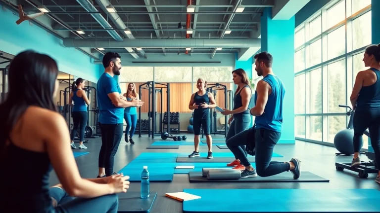 Engaging gym Training Consultation with a professional trainer and clients discussing fitness strategies.