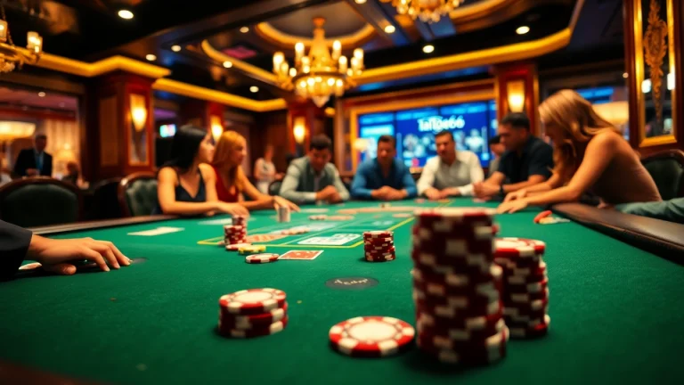 Engage with players around a poker table at the lively tab66 casino, showcasing gaming excitement.