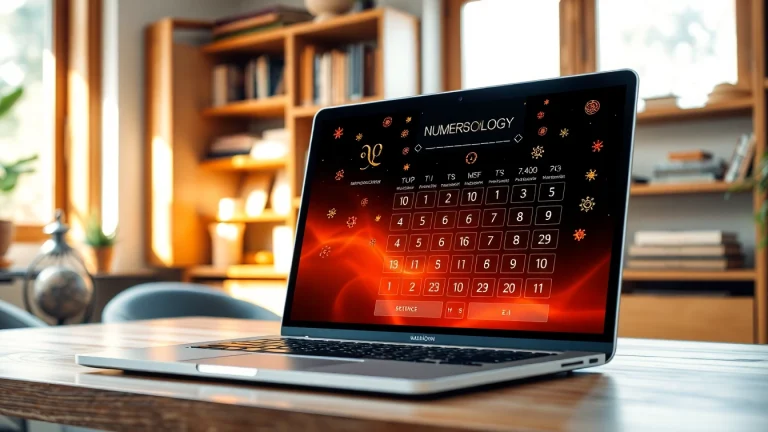 A vibrant numerology calculator displayed on a modern laptop in a cozy office atmosphere.