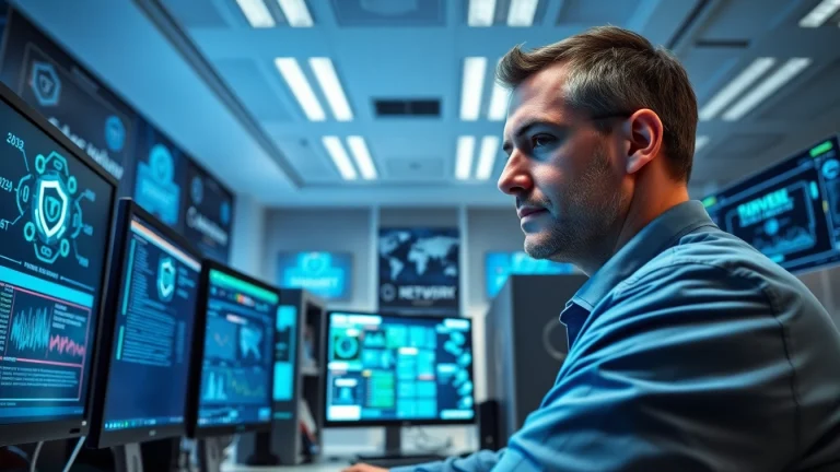 Illustrative scene of cyber security services being analyzed in a modern office by a technician.