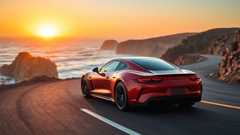 Experience the vibrant and dynamic perfect car on a scenic coastal road at sunset.