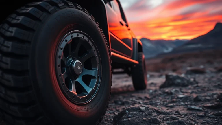 Discover off road wheels on a tough vehicle against a stunning mountain sunset backdrop.
