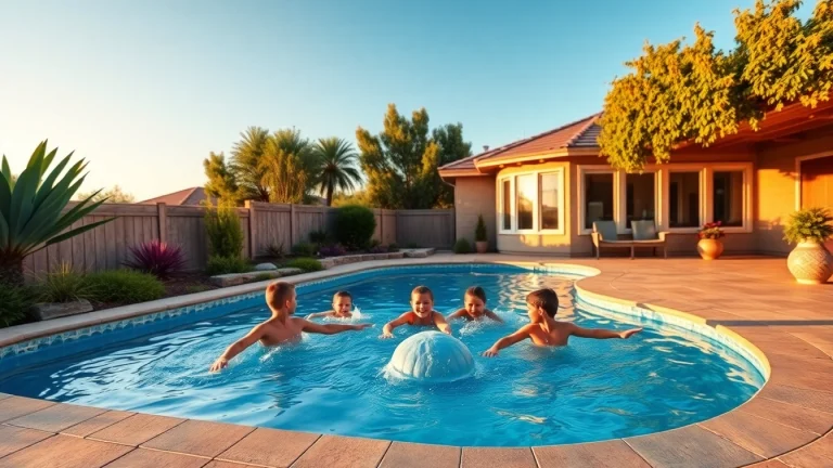 Captivating backyard with a gorgeous swimming pool installation, showcasing joyful family moments.