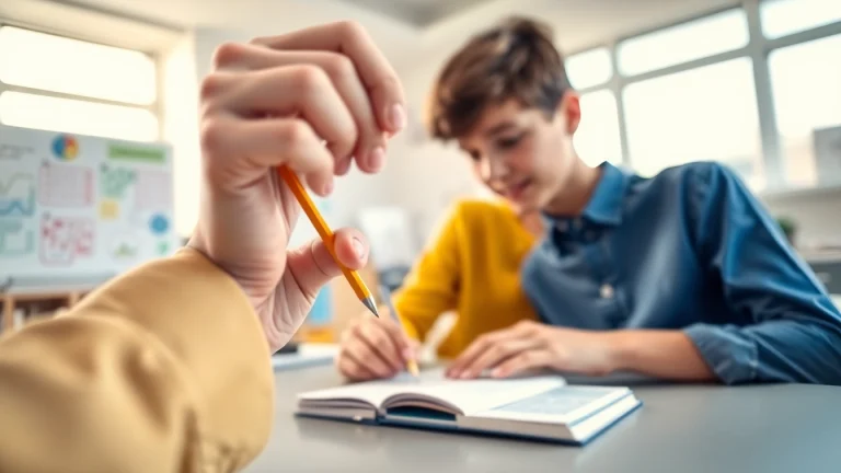 Engaging 11 plus tutor helping a student with personalized lessons in a bright classroom.