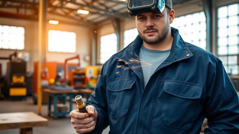 Welder confidently demonstrating a flame-resistant welding jacket in a workshop.