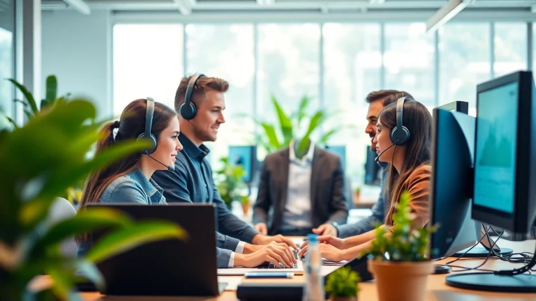 Call center services professionals collaborating in a bright, modern office environment.