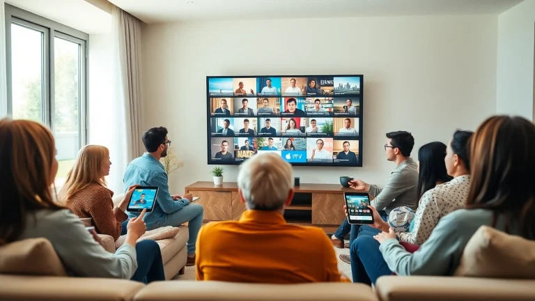 Viewers engaging with IPTV Subscription services in a modern living room setting.