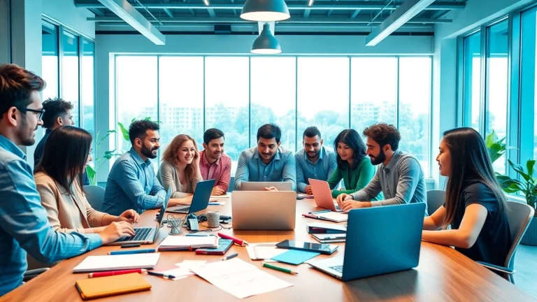 Team strategizing on how to scale content production in a modern office.