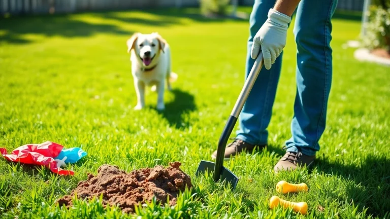 Using a long-handled pooper scooper to clean up dog poop in a sunny backyard.