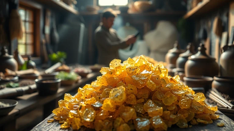 Harvesting Benjoin resin in a traditional workshop showcasing its natural texture and beauty.