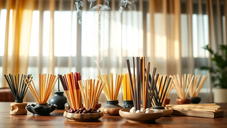 Incenses orientaux en exposition sur une table en bois, créant une ambiance apaisante.