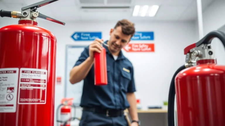 Performing fire extinguisher checks in a safety-focused environment by a trained technician.